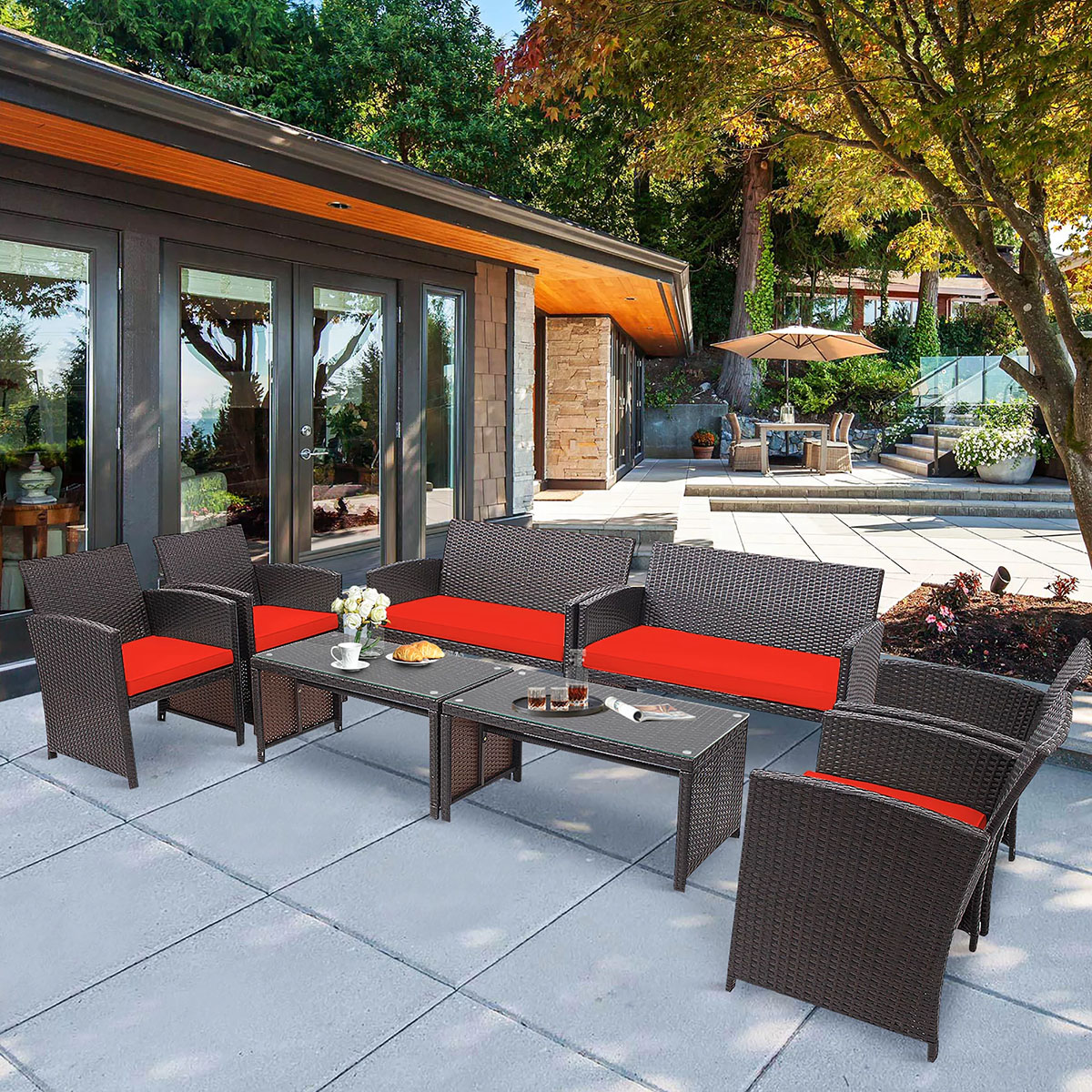 8-Piece Patio Rattan Furniture Set - Cushioned Chair, Sofa, Coffee Table - 8PCS Rattan Furniture Red