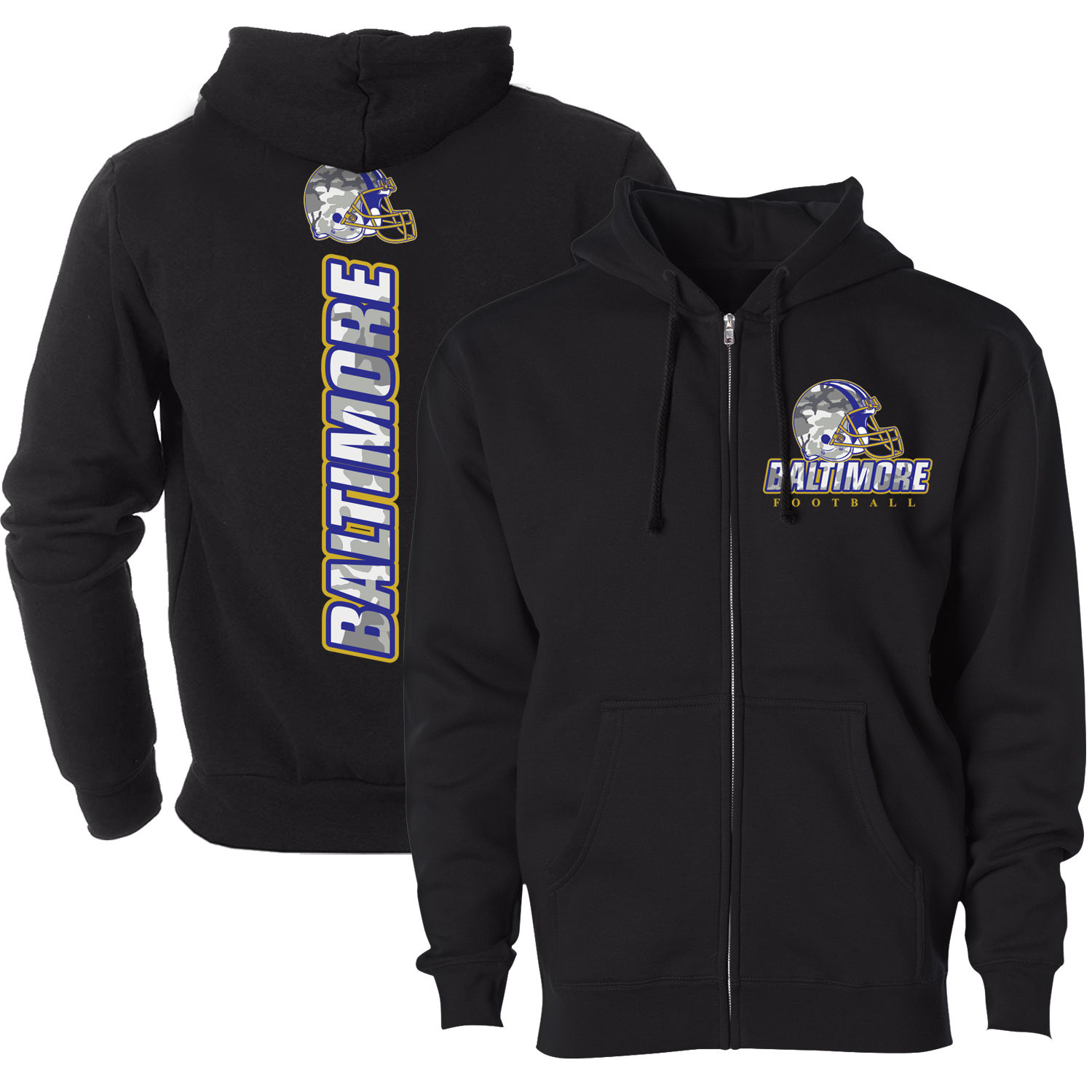 Women's Army Camo Football Zip-up Hoodie - Baltimore - Black / 2XL