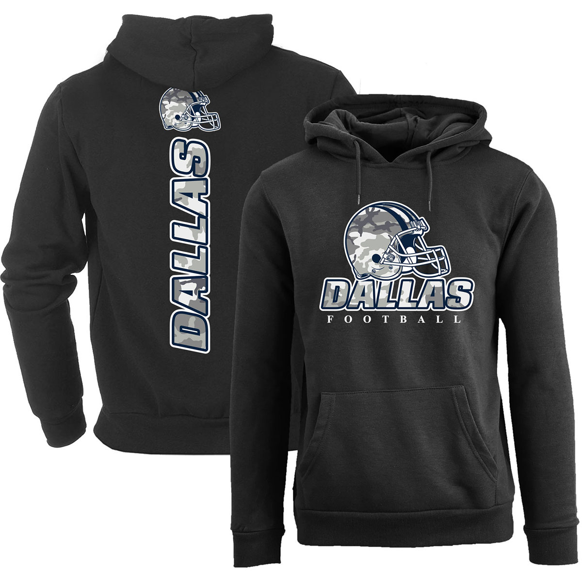 Men's Army Camo Football Pullover Hoodie - Dallas - Black / XL