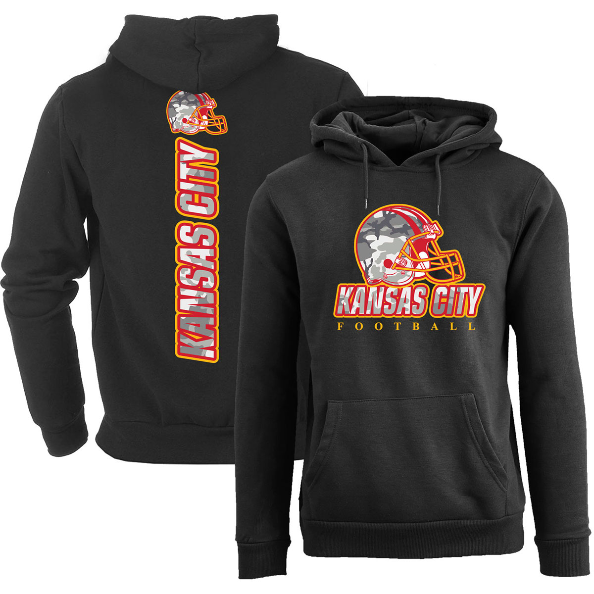 Men's Army Camo Football Pullover Hoodie - Kansas City - Black / S