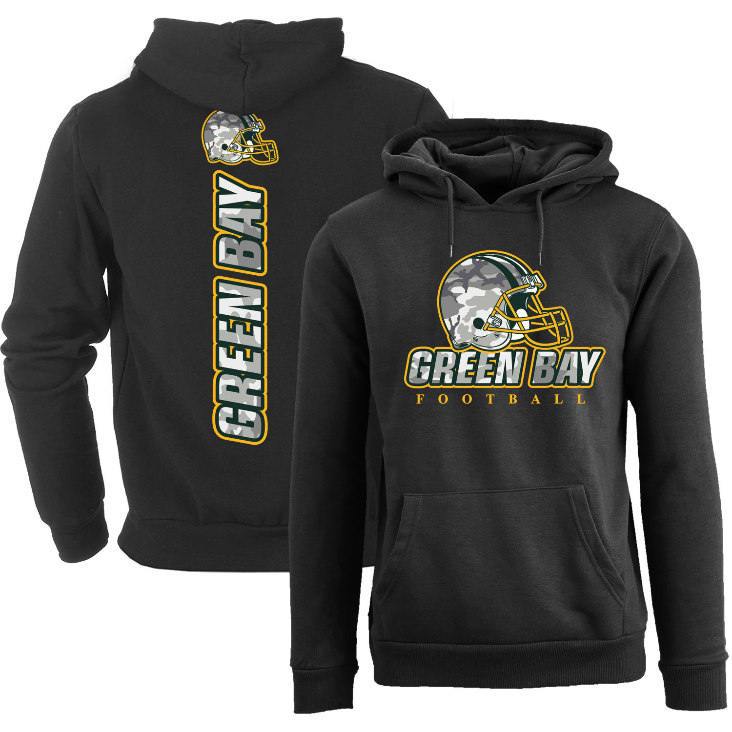 Women's Army Camo Football Pullover Hoodie - Green Bay - Black / S