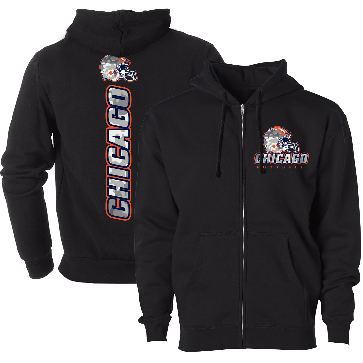 Men's Army Camo Football Zip-up Hoodie - Chicago - Black / M
