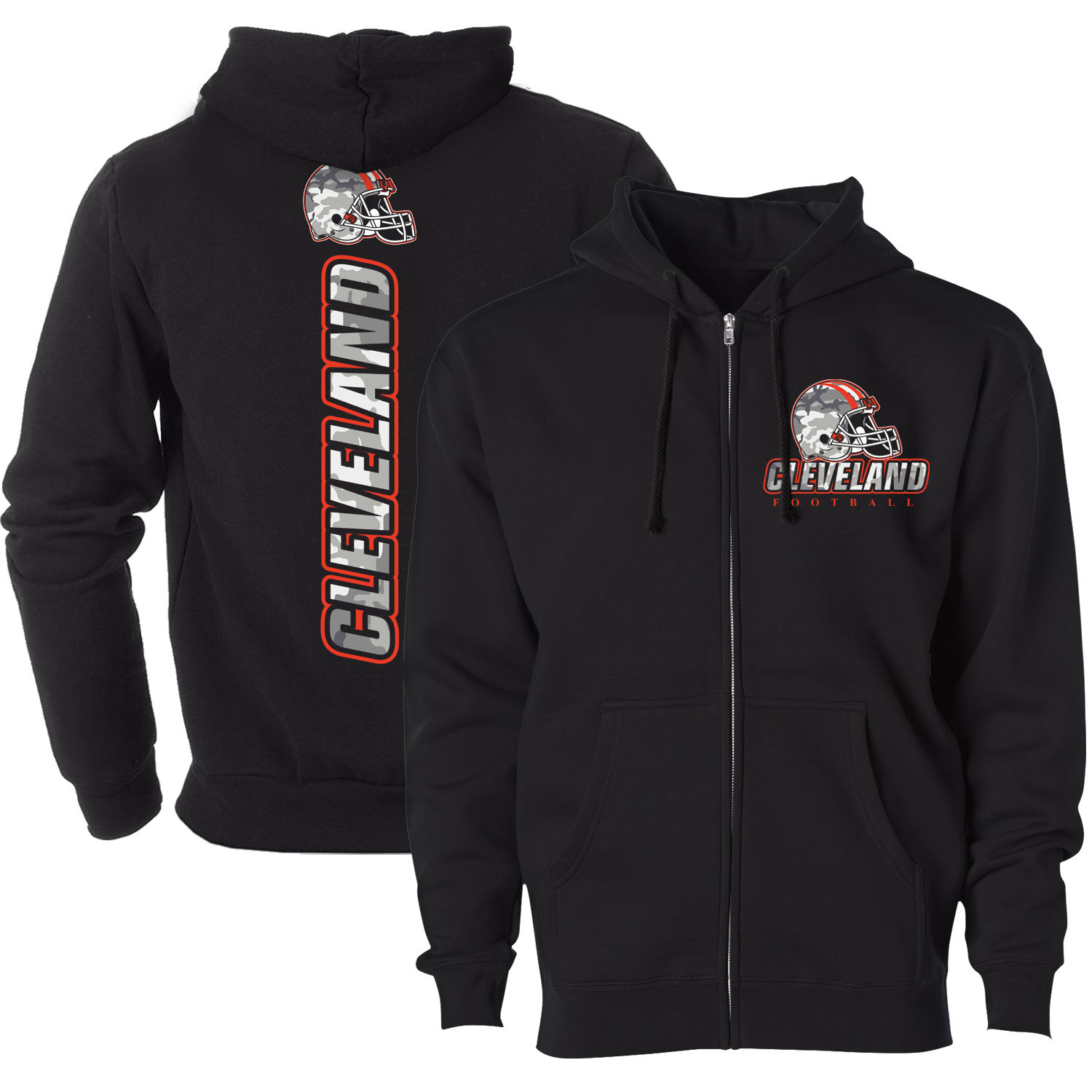 Men's Army Camo Football Zip-up Hoodie - Cleveland - Black / M