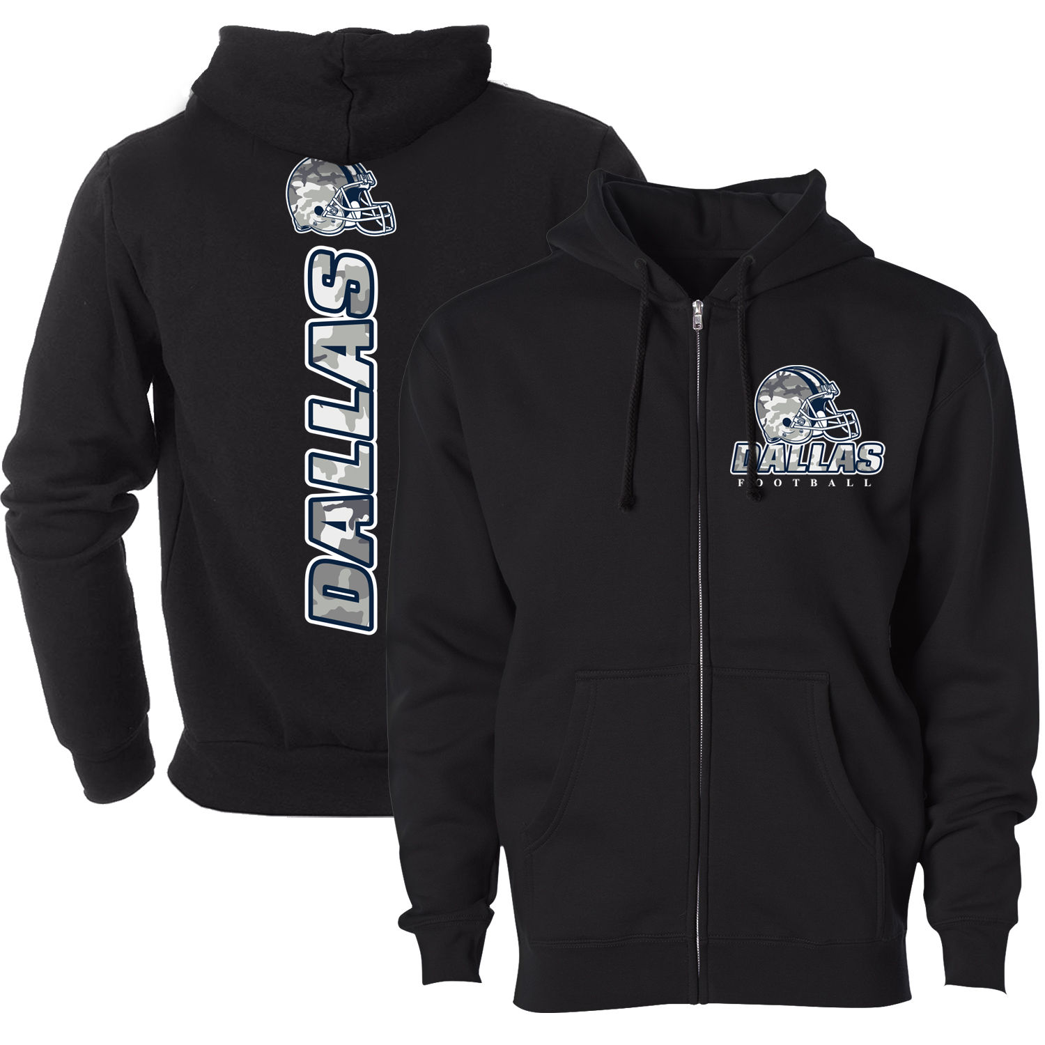 Men's Army Camo Football Zip-up Hoodie - Dallas - Black / XL