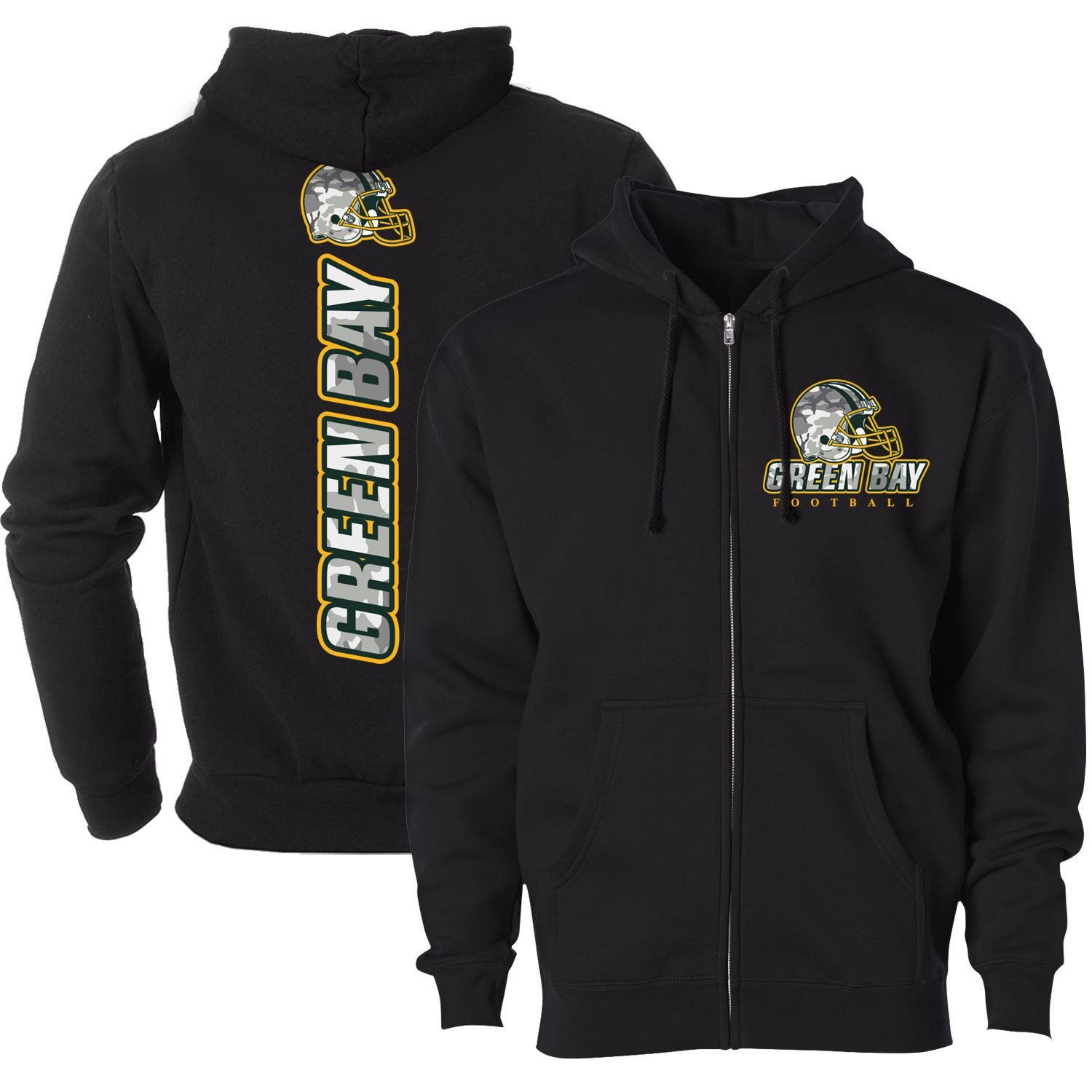 Men's Army Camo Football Zip-up Hoodie - Green Bay - Black / S