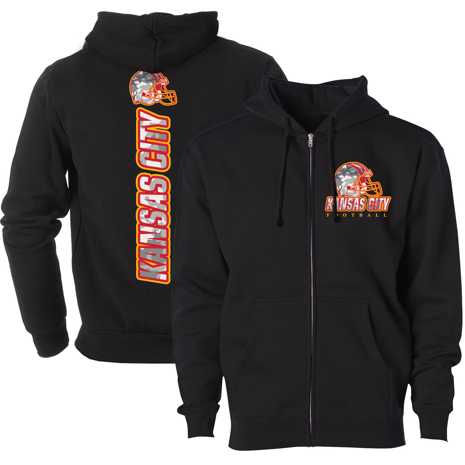 Men's Army Camo Football Zip-up Hoodie - Kansas City - Black / L