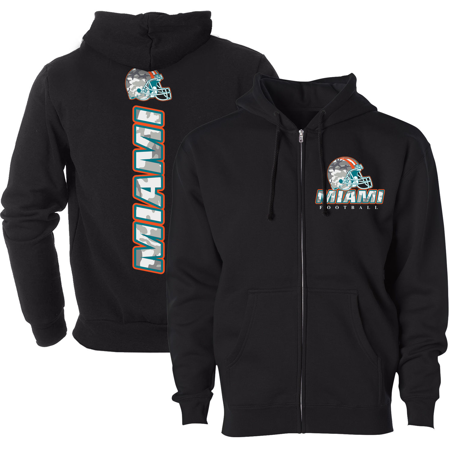 Men's Army Camo Football Zip-up Hoodie - Miami - Black / S