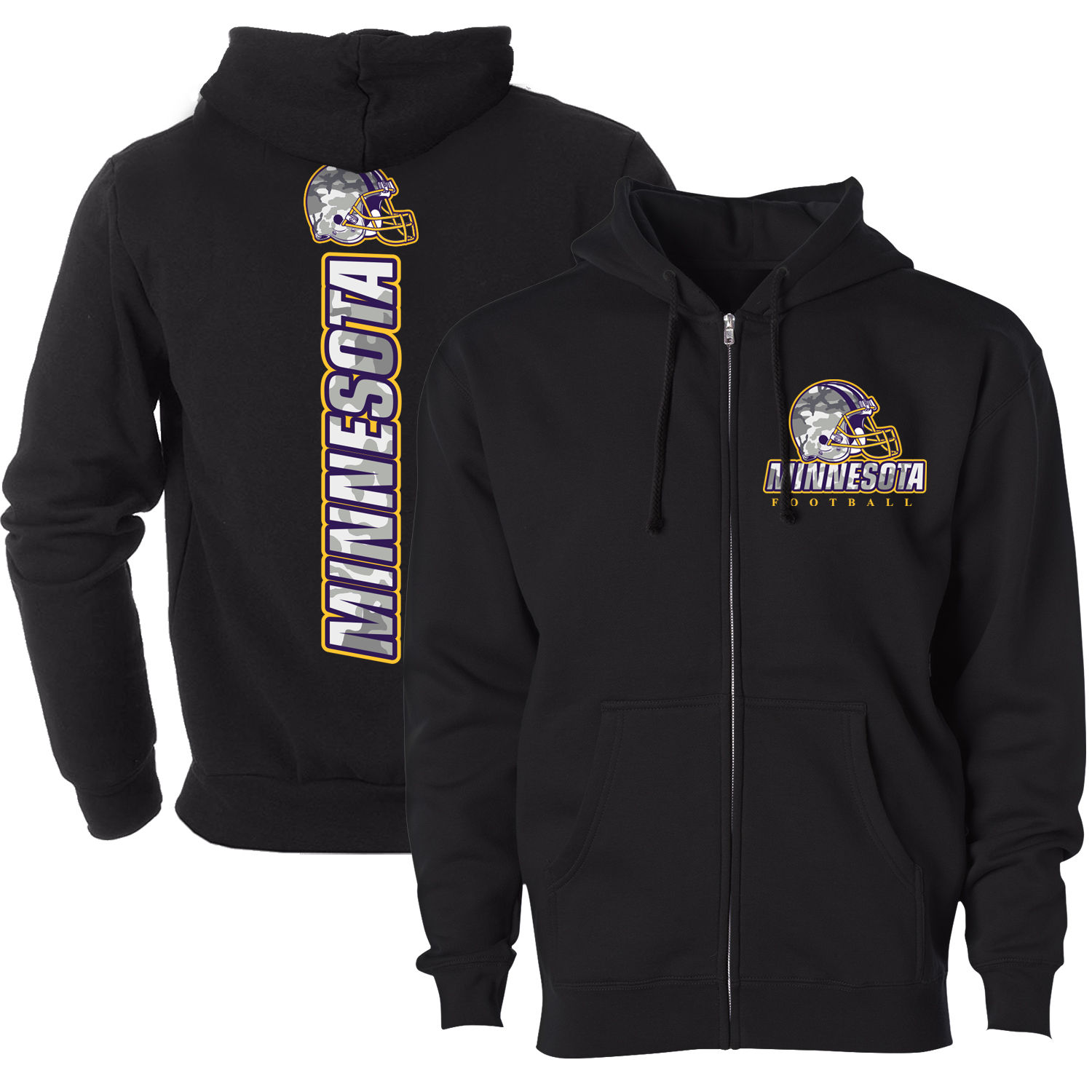 Men's Army Camo Football Zip-up Hoodie - Minnesota - Black / 2XL