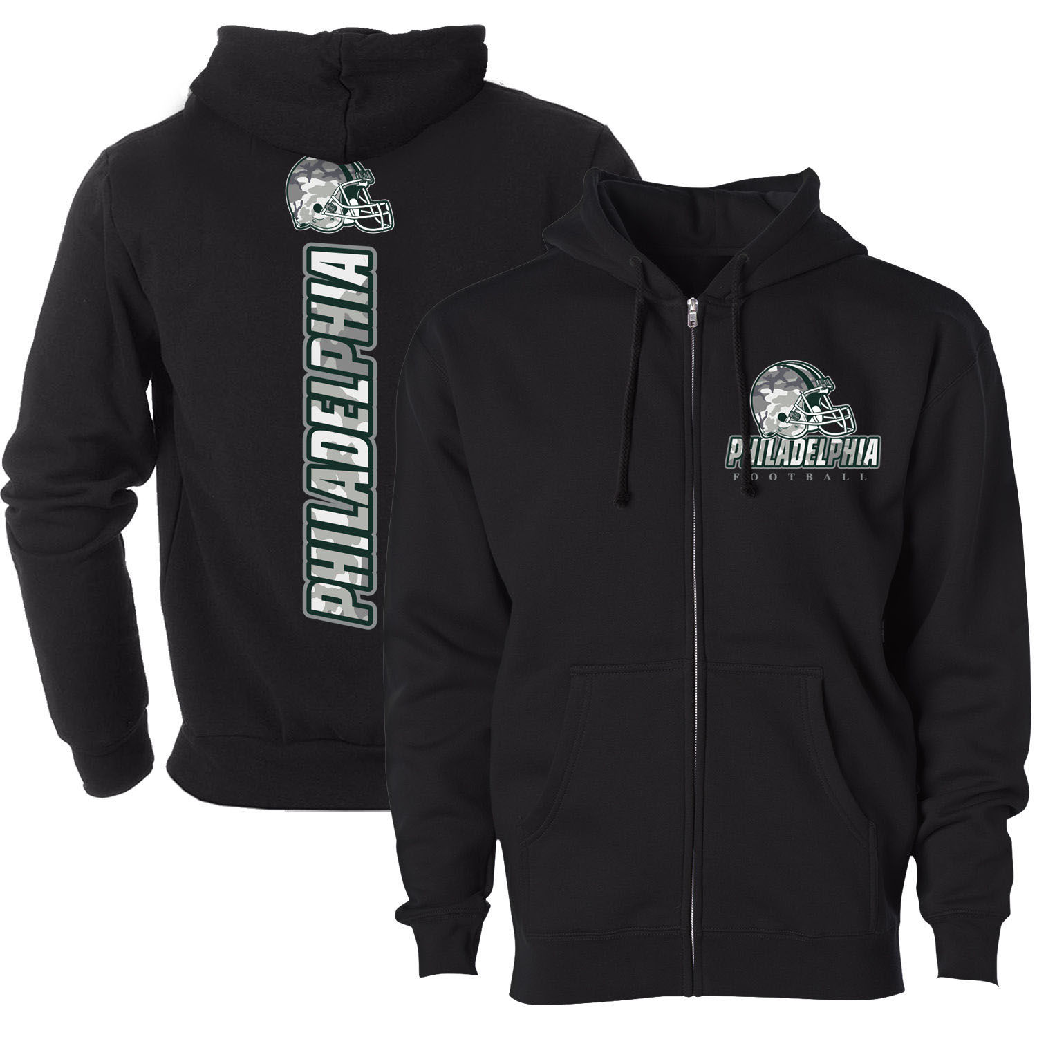Men's Army Camo Football Zip-up Hoodie - Philadelphia - Black / XL
