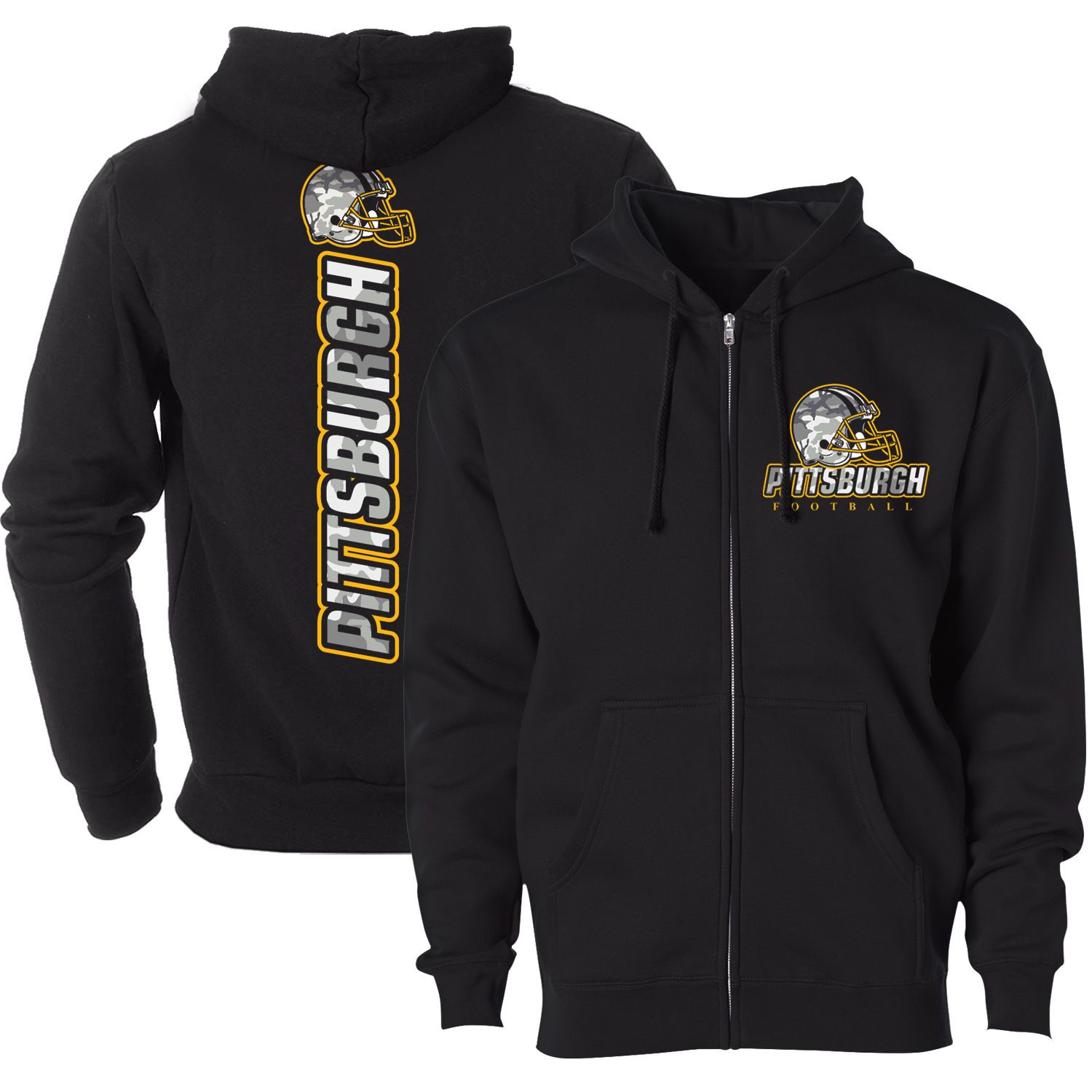 Men's Army Camo Football Zip-up Hoodie - Pittsburgh - Black / L