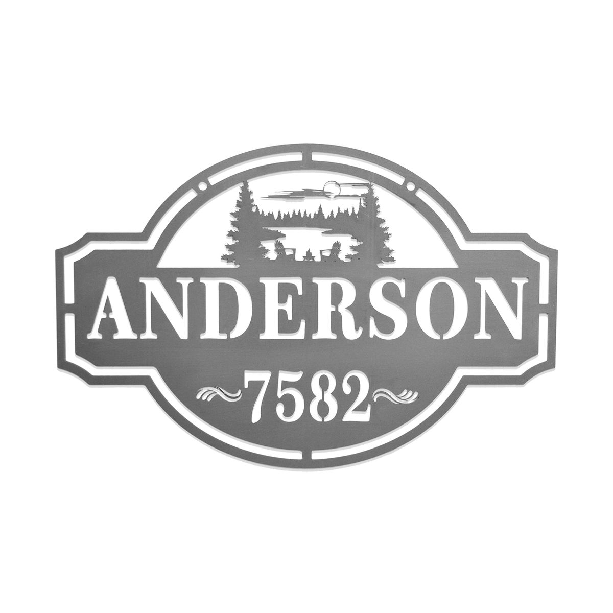 Personalized Family Name & House Number Sign - Lakefront / 18 inch / Silver Powder Coat