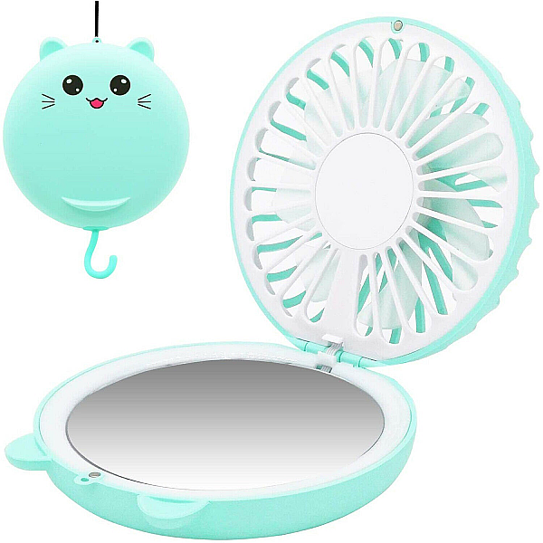 Lucky Cat Portable Personal Fan and Handheld Make Up Mirror - Green