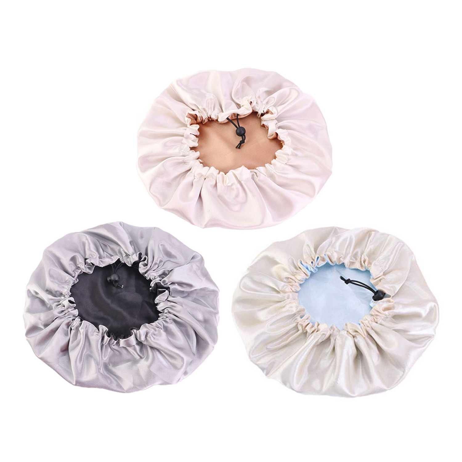 Women's Double Layer Reversible Satin Hair Bonnet (3-Pack) - Black/Champagne/Light Blue