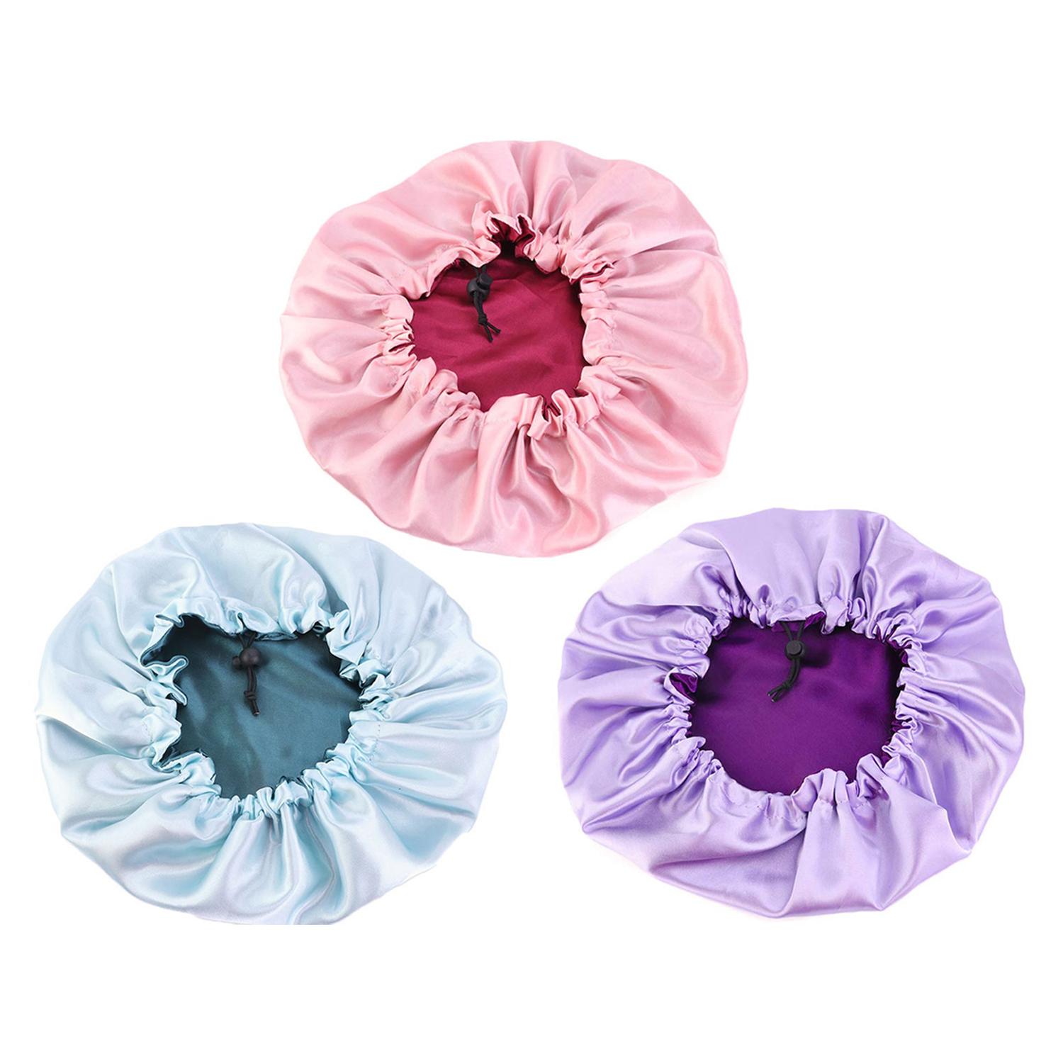 Women's Double Layer Reversible Satin Hair Bonnet (3-Pack) - Green/Purple/Burgundy
