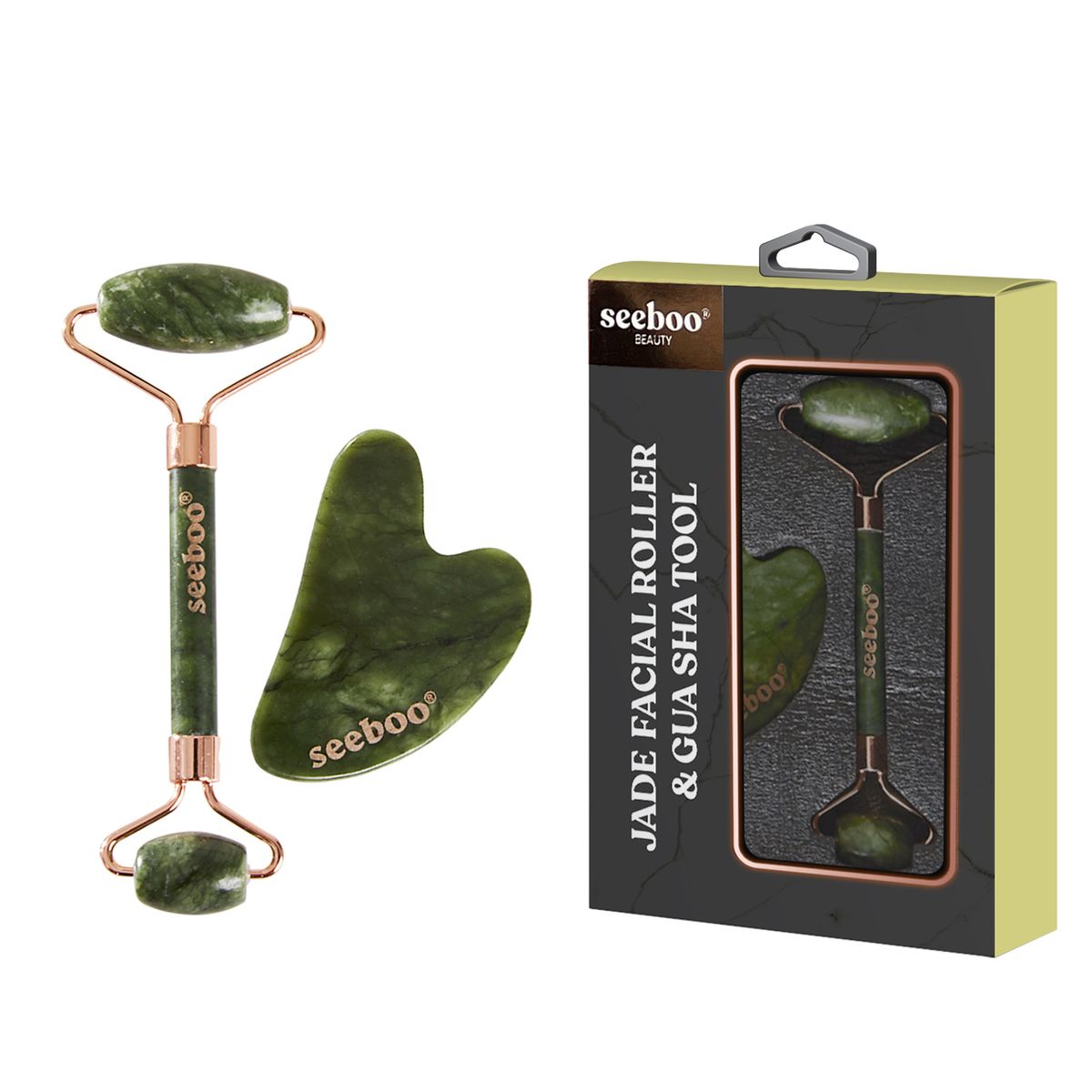 Rose Quartz or Jade Facial Roller & Guasha Tool by Seeboo® - Jade