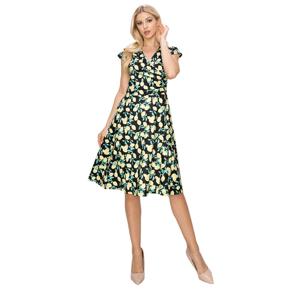 Women's Print V-Neck Skater Dress - Lemons -  1X