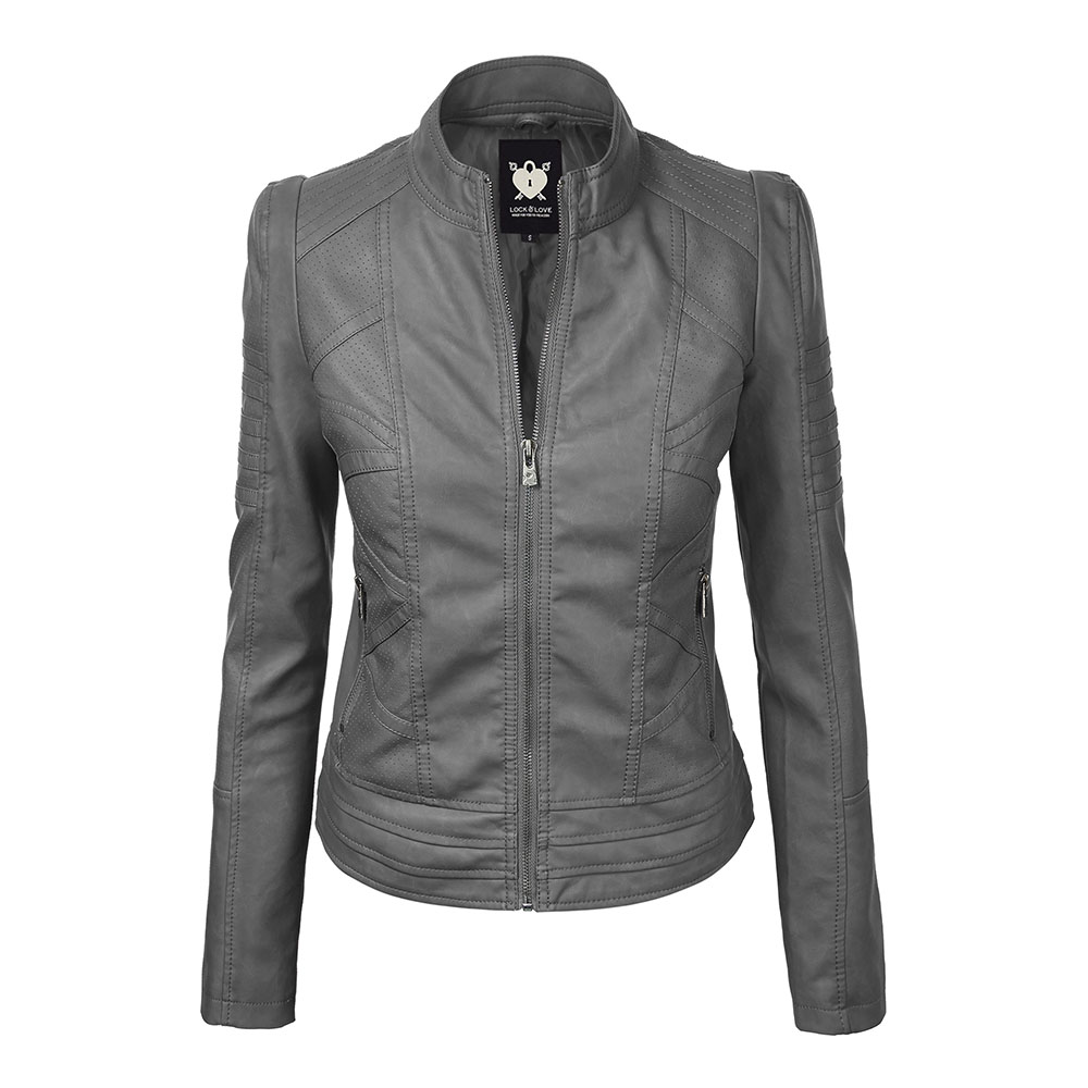 Womens Faux Leather Zip-up Moto Biker Jacket with Stitching Detail - Grey - Medium