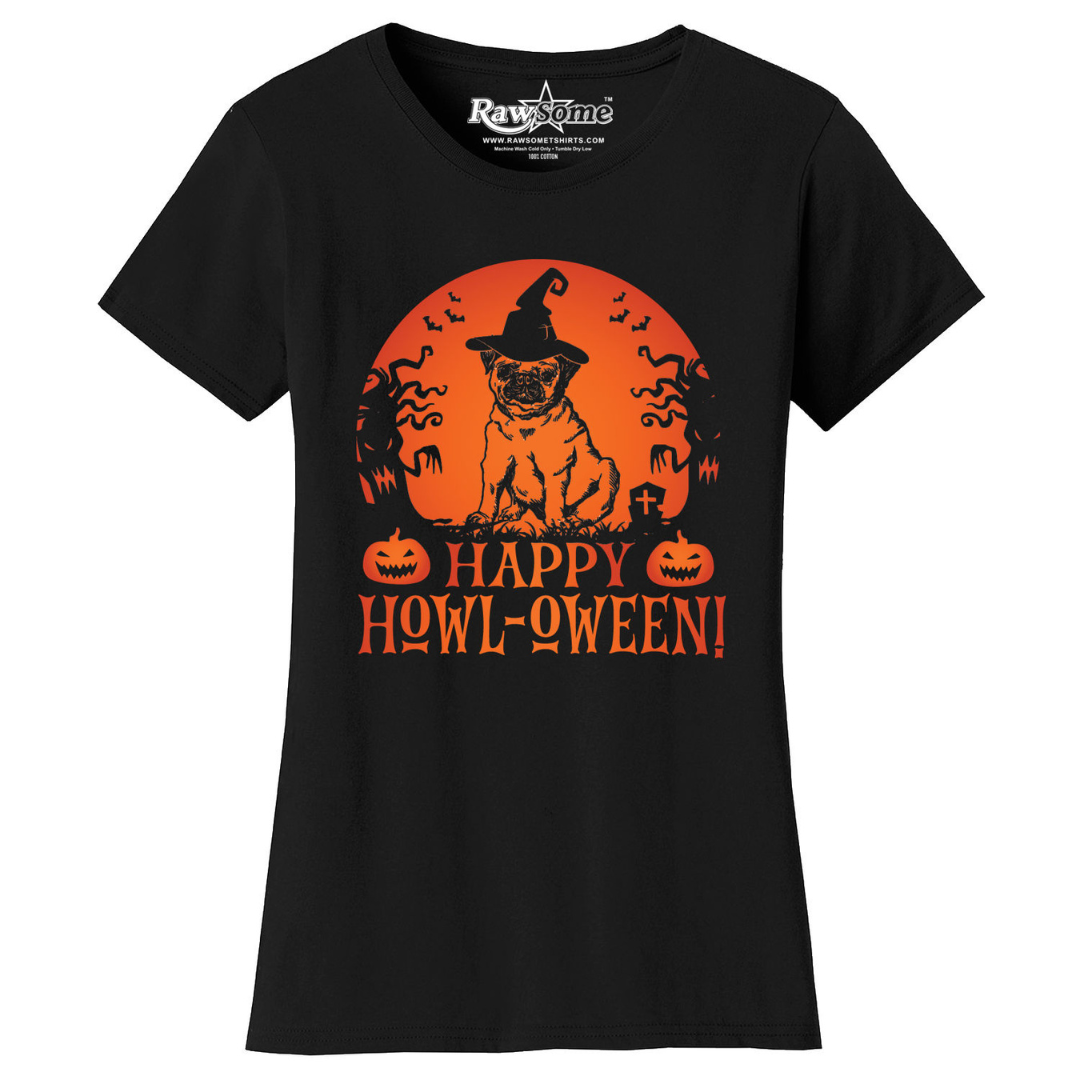 Women's Creepy Scary Short Sleeve Halloween T-Shirt - Happy HoWL-oWEEN - Black / S