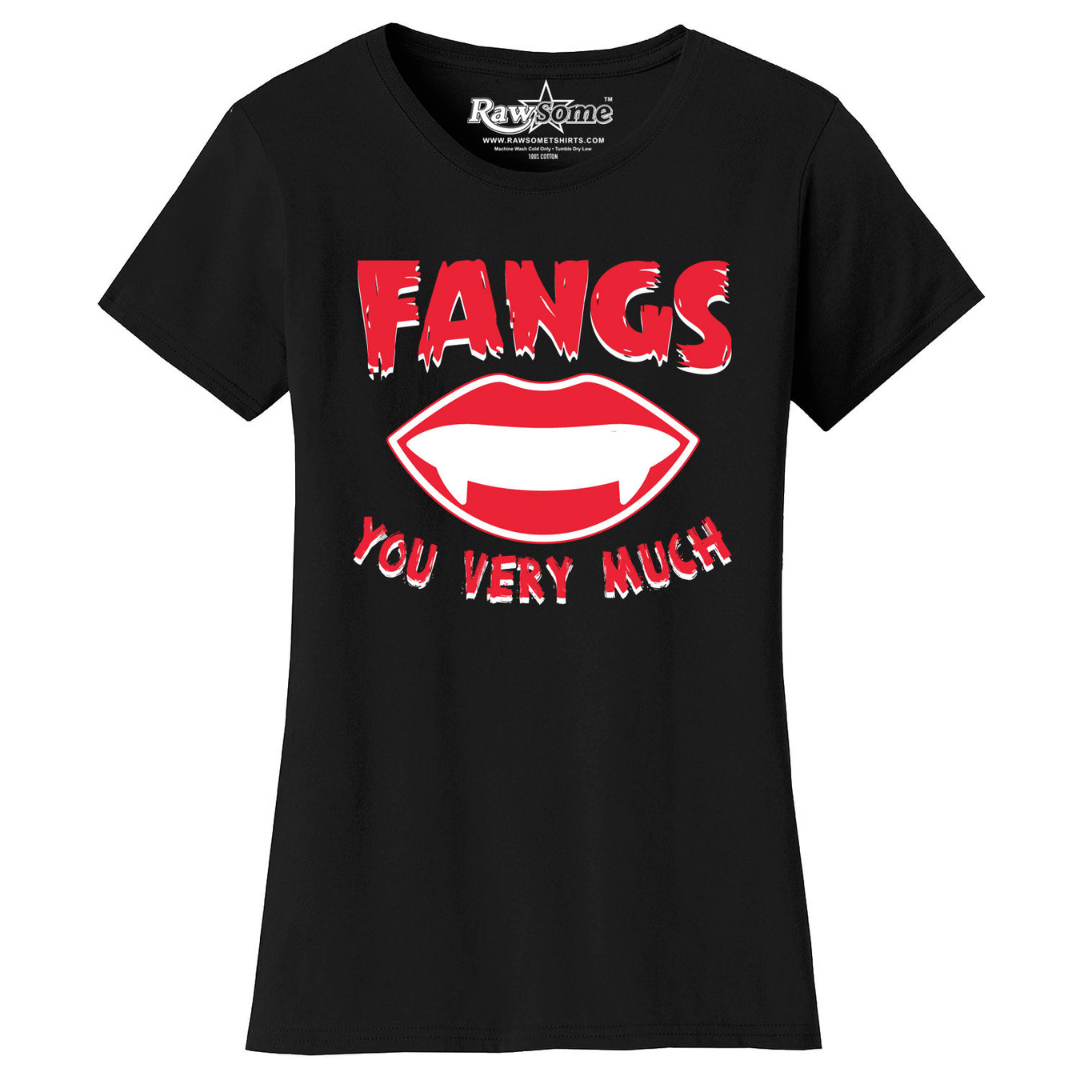 Women's Creepy Scary Short Sleeve Halloween T-Shirt - Fangs You Very Much - Black / S