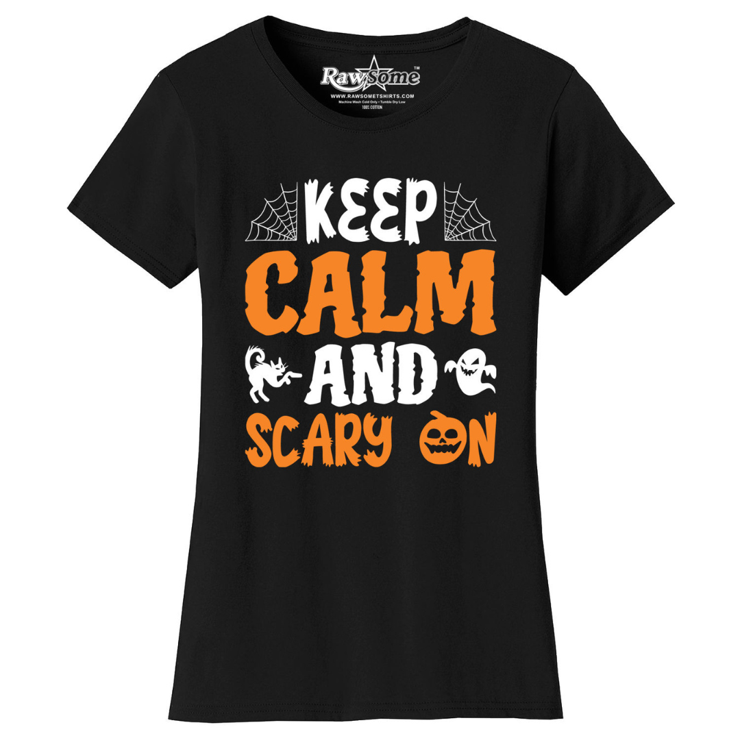 Women's Creepy Scary Short Sleeve Halloween T-Shirt - Keep Calm and Scary On - Black / S