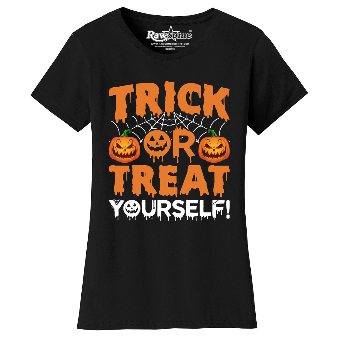 Women's Creepy Scary Short Sleeve Halloween T-Shirt - Trick or Treat Yourself - Black / S