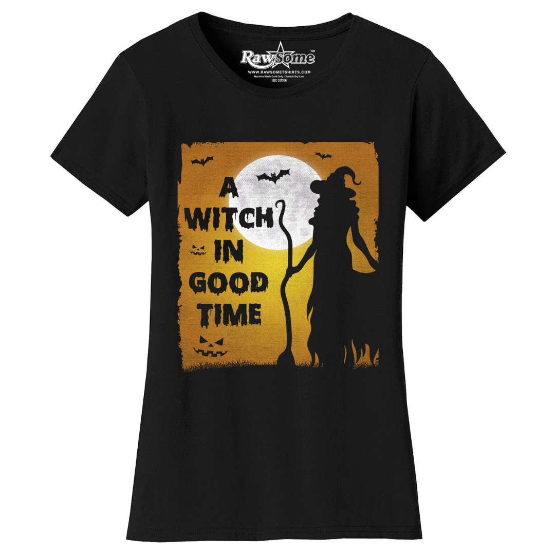 Women's Creepy Scary Short Sleeve Halloween T-Shirt - A Witch in Good Time - Black / S