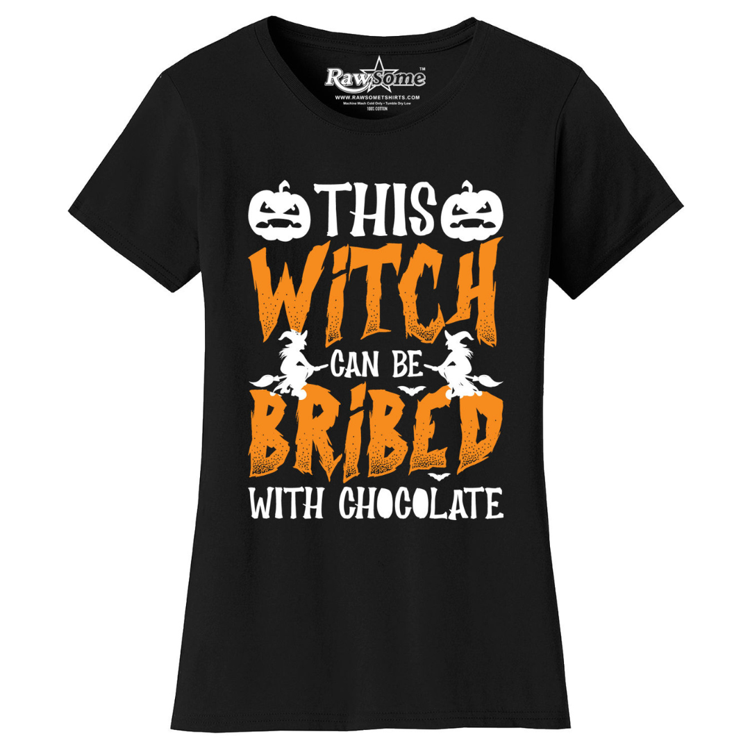Women's Creepy Scary Short Sleeve Halloween T-Shirt - This Witch Can Be Bribed - Black / S