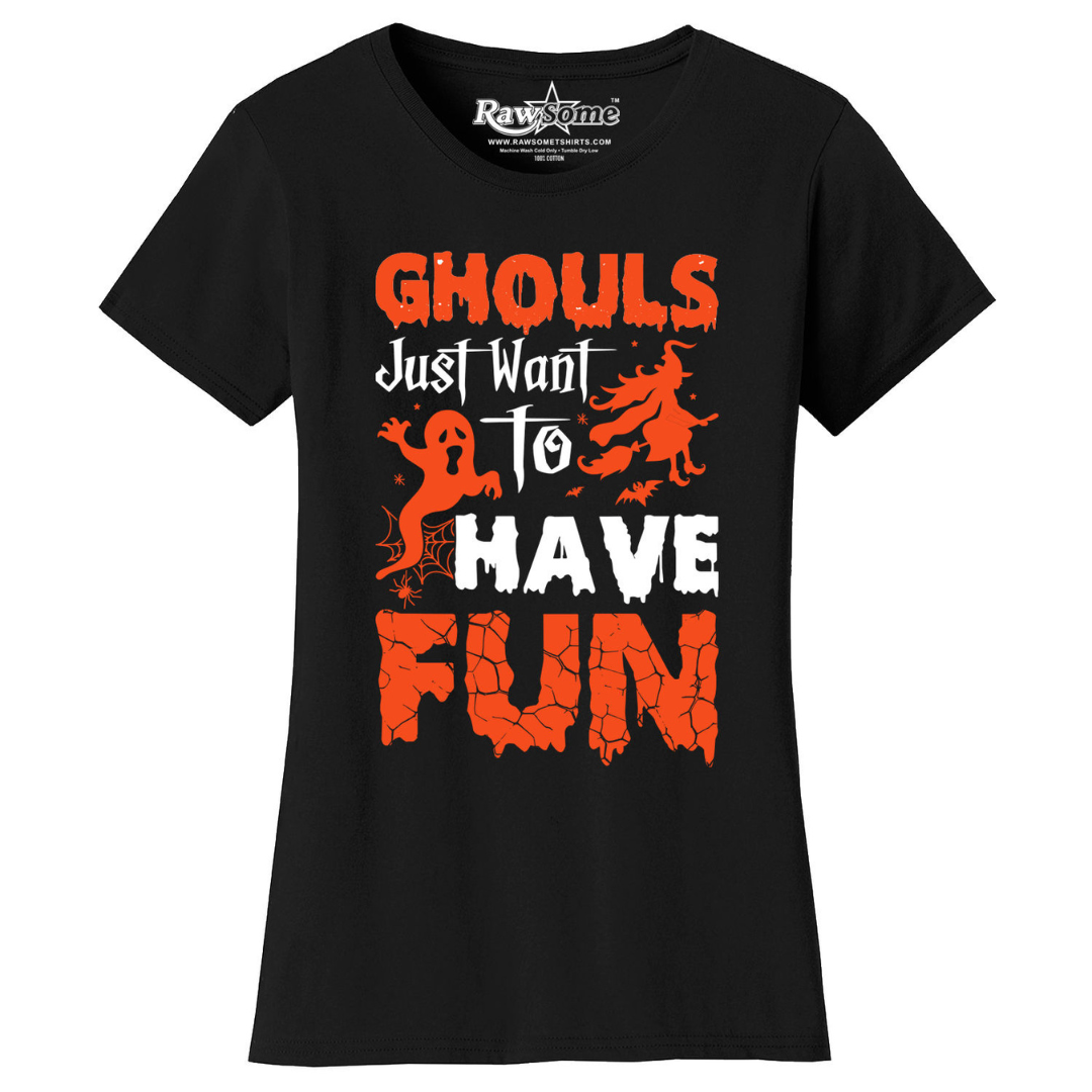 Women's Creepy Scary Short Sleeve Halloween T-Shirt - Ghouls Just Want to Have Fun - Black / S