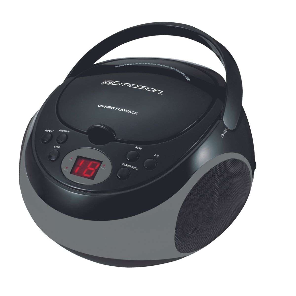 Emerson portable CD boombox in black and red with a carrying handle, radio display and top-loading disc lid