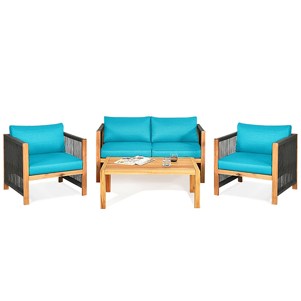 4-Piece Wooden Patio Furniture Set with Rope Armrests - Turquoise