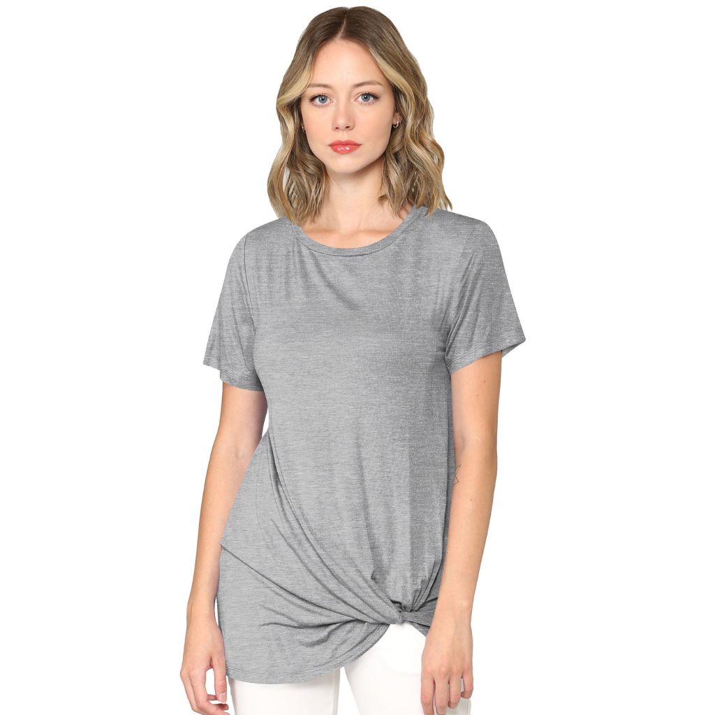 Women's Twist Front Short Sleeve Tunic Tee - Large - Heather Grey