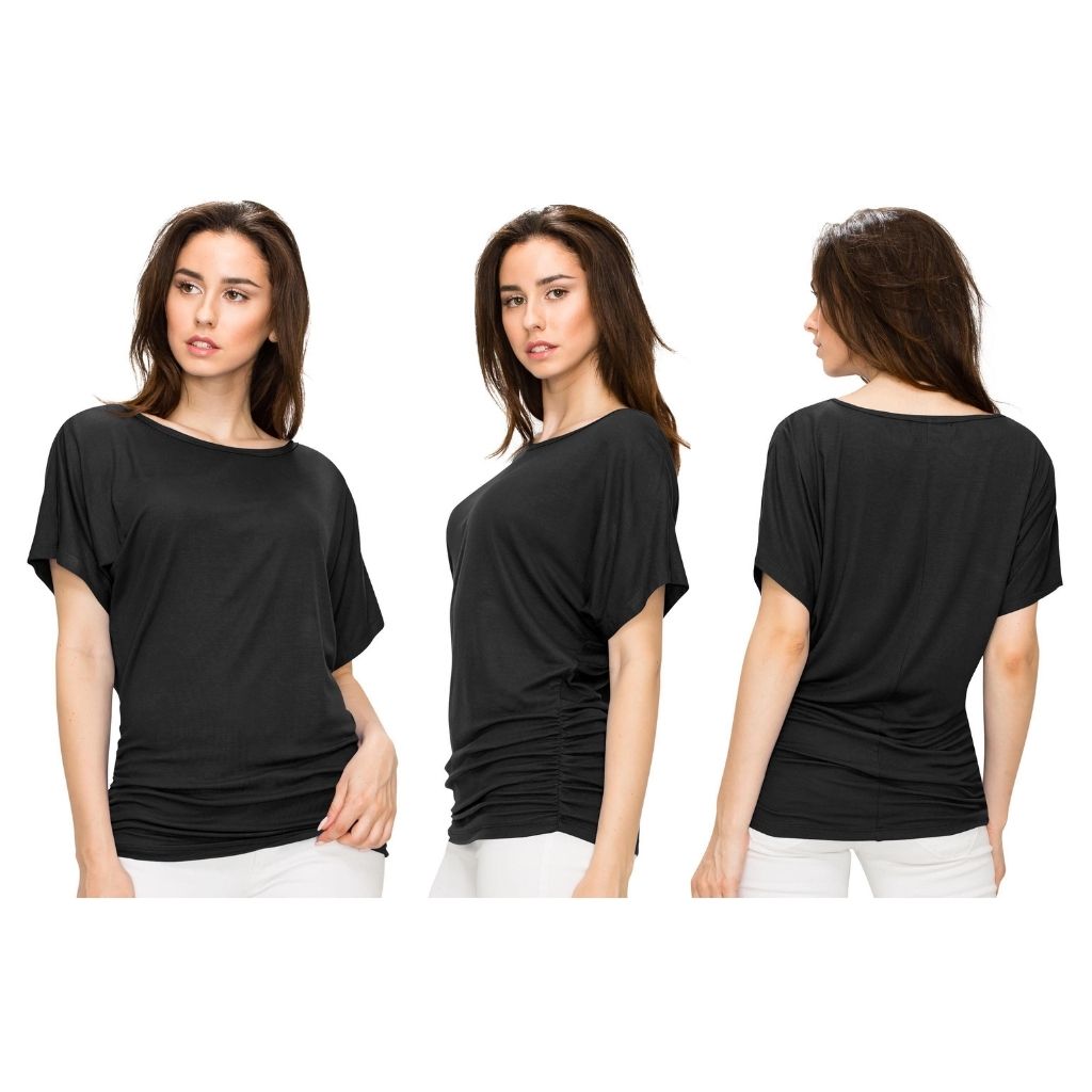 Women's Solid Short Sleeve Boat Neck V-Neck Dolman Top - Black - Large