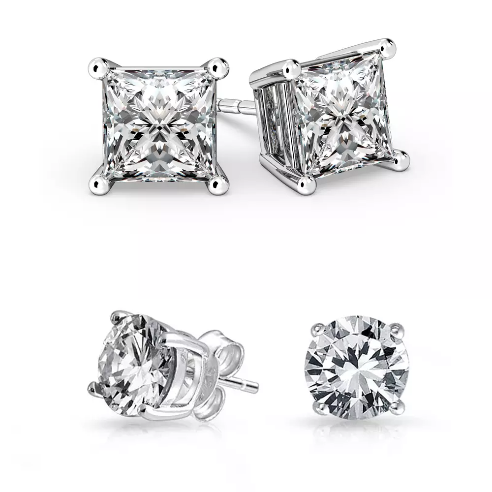 Round and Princess Stud Earring Set (2-Pair) - 2 Pairs POLISH FINSH ROUND AND PRINCESS