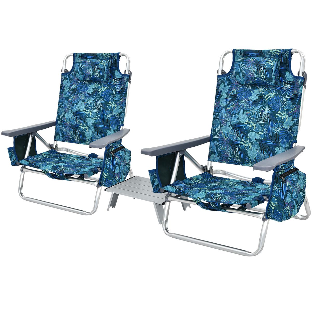 Adjustable Folding Backpack Beach Chairs and Table Set - Blue Leaves