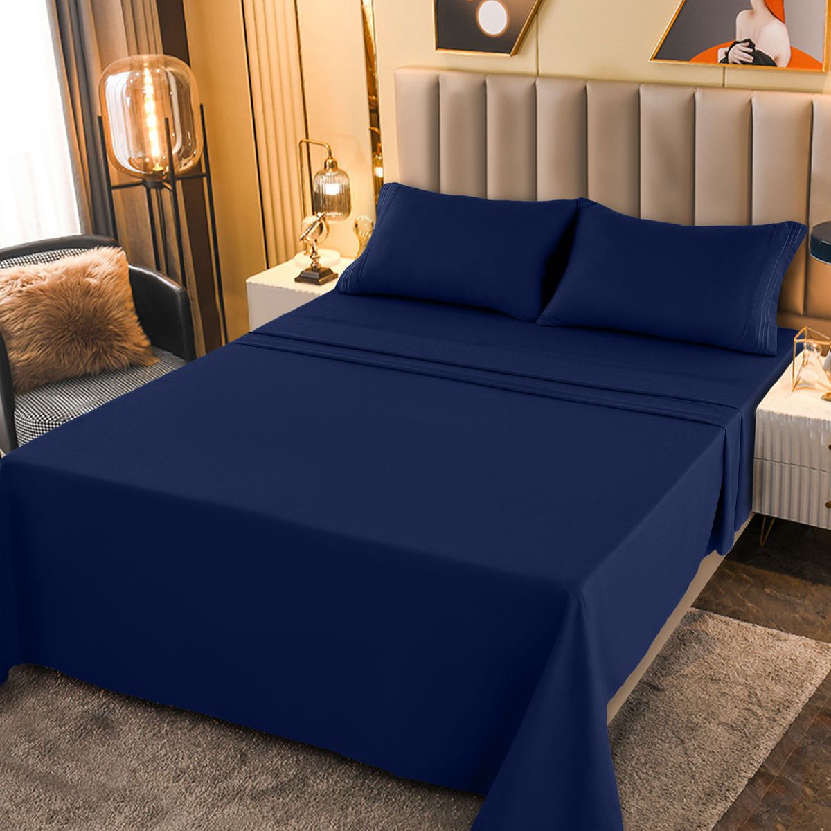1800-Series Deep Pocket Premier Microfiber Bed Sheet Set - PLN_T_XL_NVY-BLUE