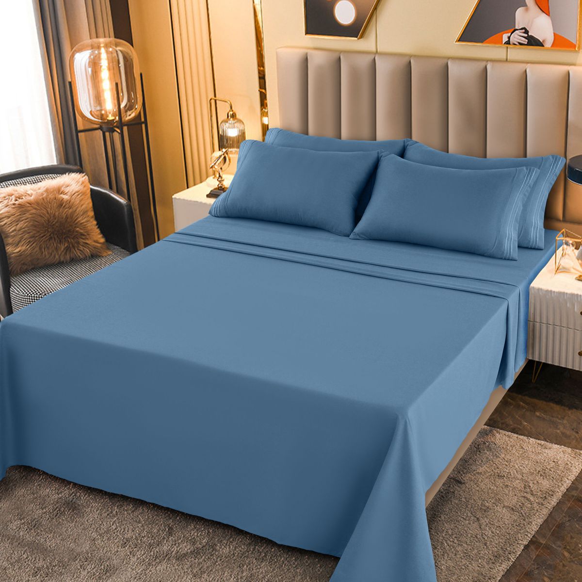 1800-Series Deep Pocket Premier Microfiber Bed Sheet Set - PLN_CAL_K_BLUE