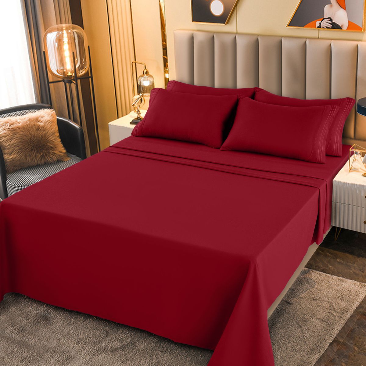 1800-Series Deep Pocket Premier Microfiber Bed Sheet Set - PLN_CAL_K_BRGNDY