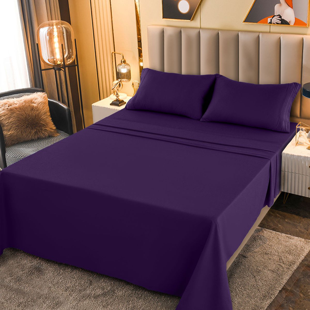 1800-Series Deep Pocket Premier Microfiber Bed Sheet Set - PLN_CAL_K_PRPLE