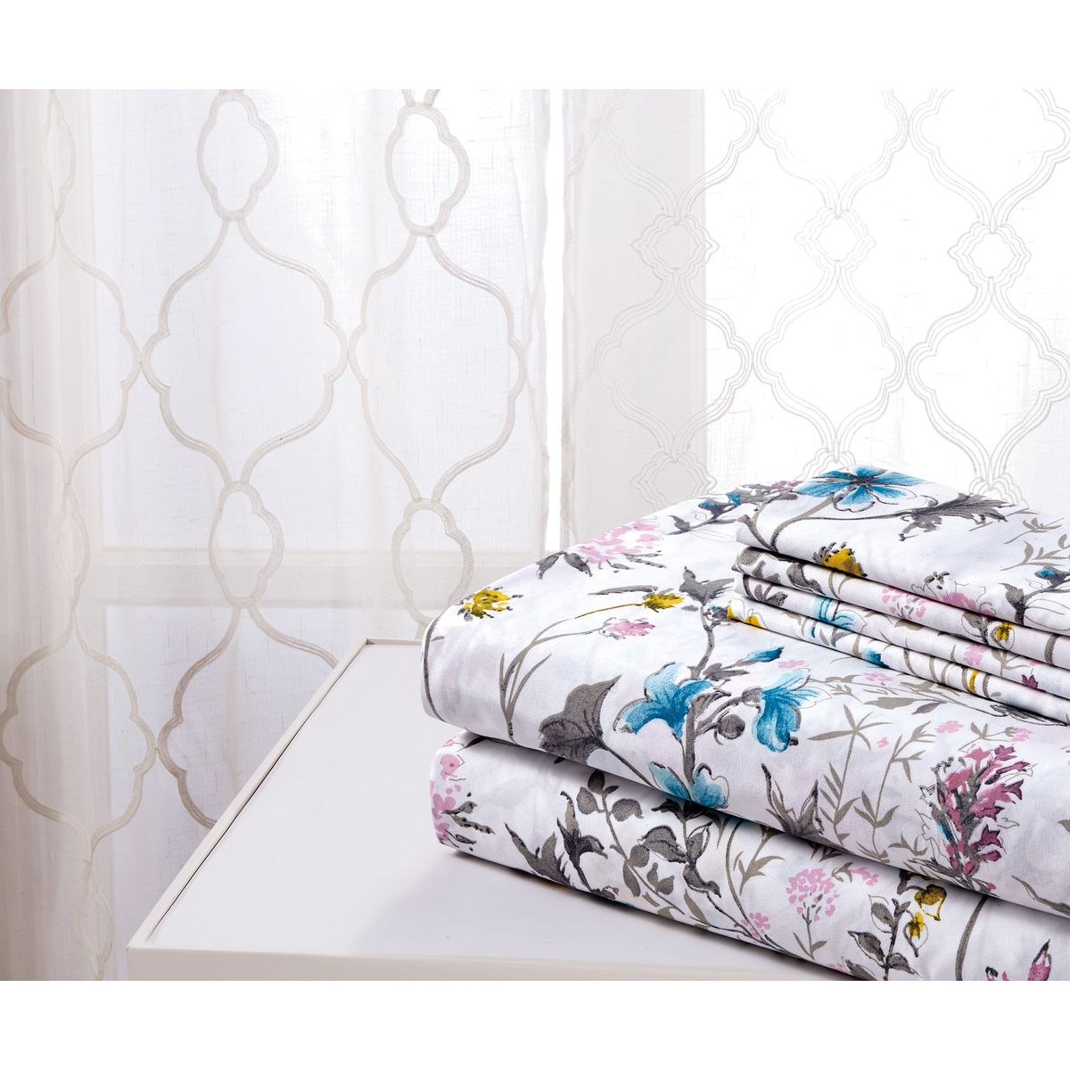 1800-TC Egyptian Luxury Printed Sheet Set by Bibb Home® - Bibb Home Egyptian Luxury 1800 Count Printed 4 Piece Sheet Set, Twin - Elegant Floral