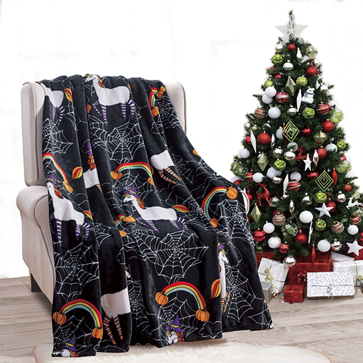 50 x 60-Inch Autumn and Halloween Throw Blanket - Black Unicorn