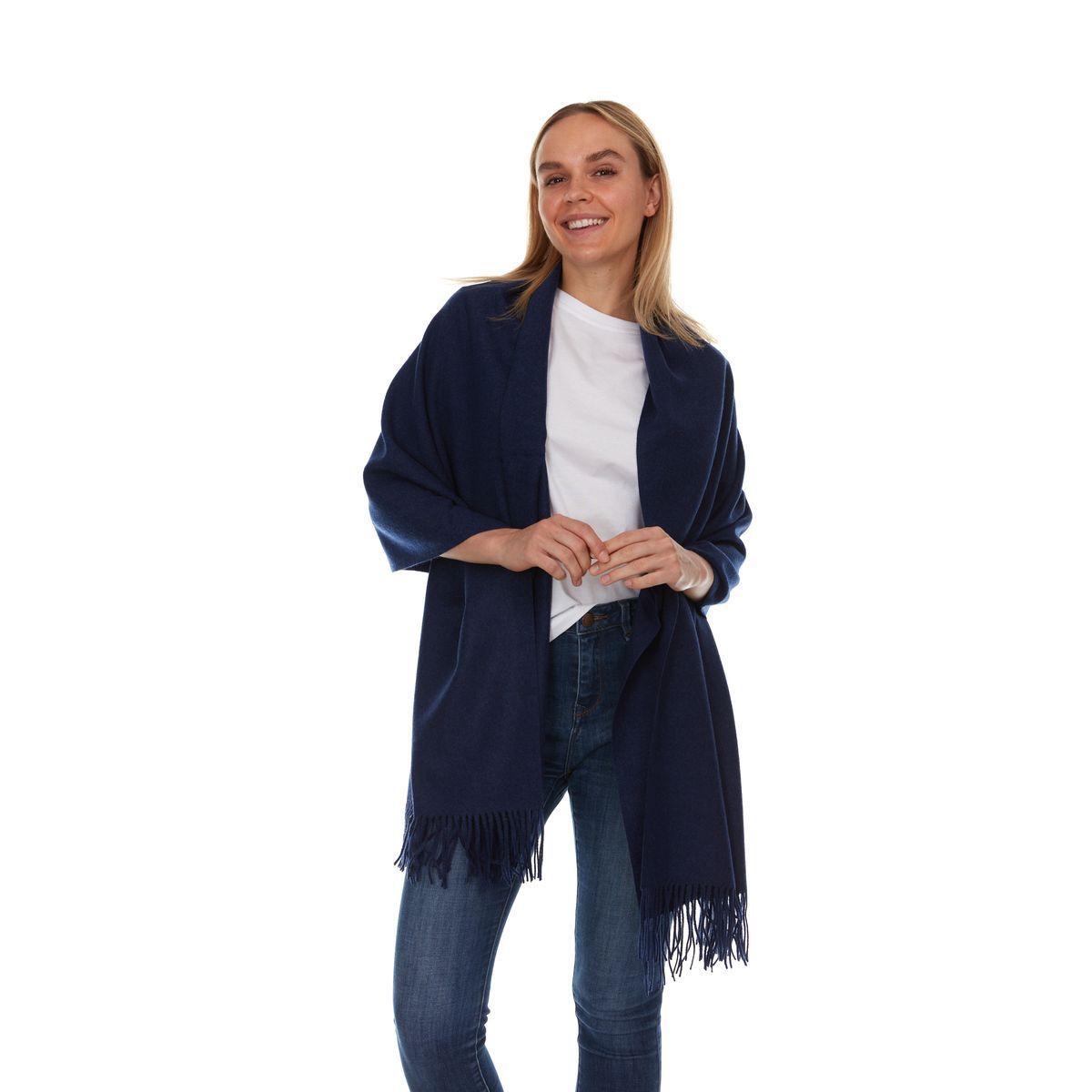 Year-Round Wraparound Scarf with Fringe - Navy