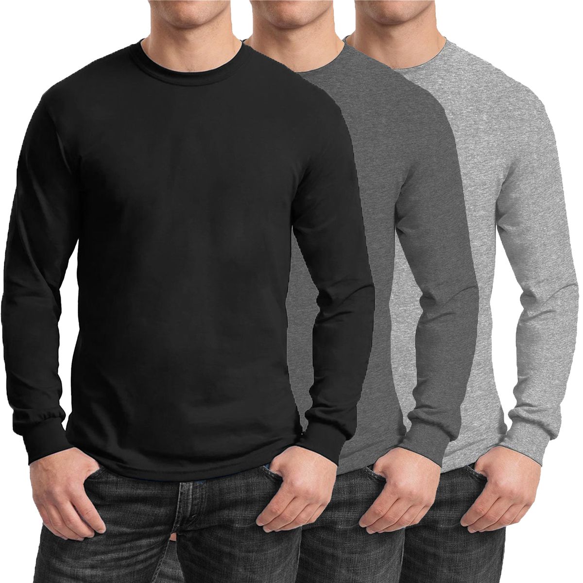 Men's Long Sleeve Crew Neck Tees (3-Pack) - Small - Black, Charcoal, Heather Grey