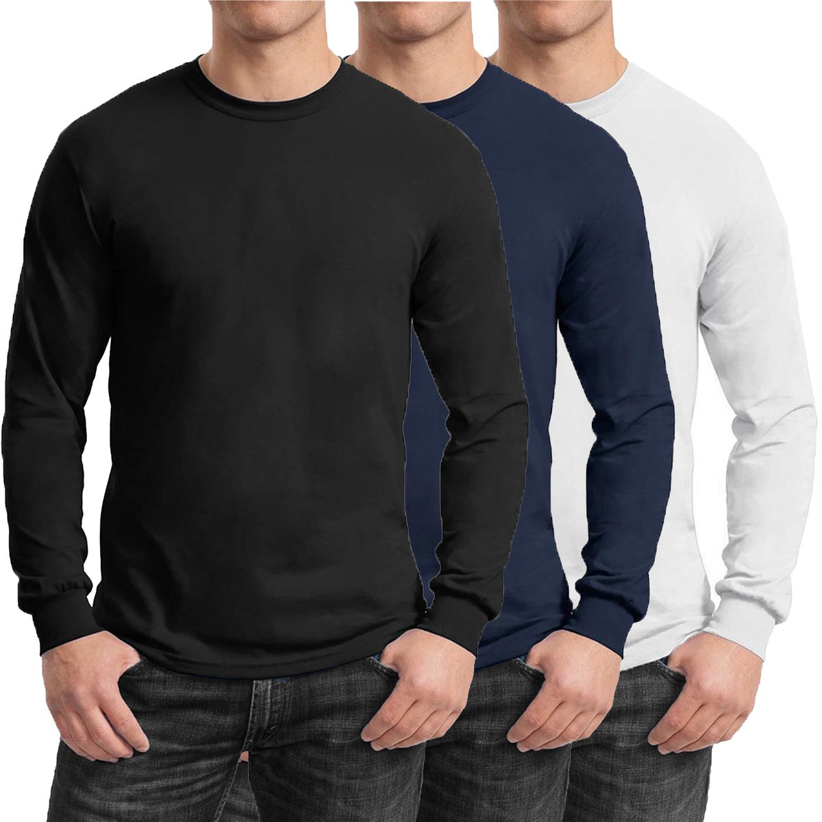 Men's Long Sleeve Crew Neck Tees (3-Pack) - Small - Black, Navy, White