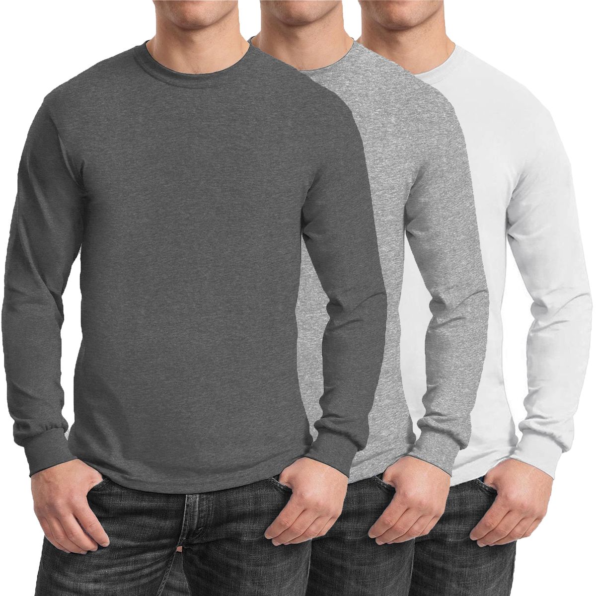 Men's Long Sleeve Crew Neck Tees (3-Pack) - 2X-Large - Charcoal, Heather Grey, White