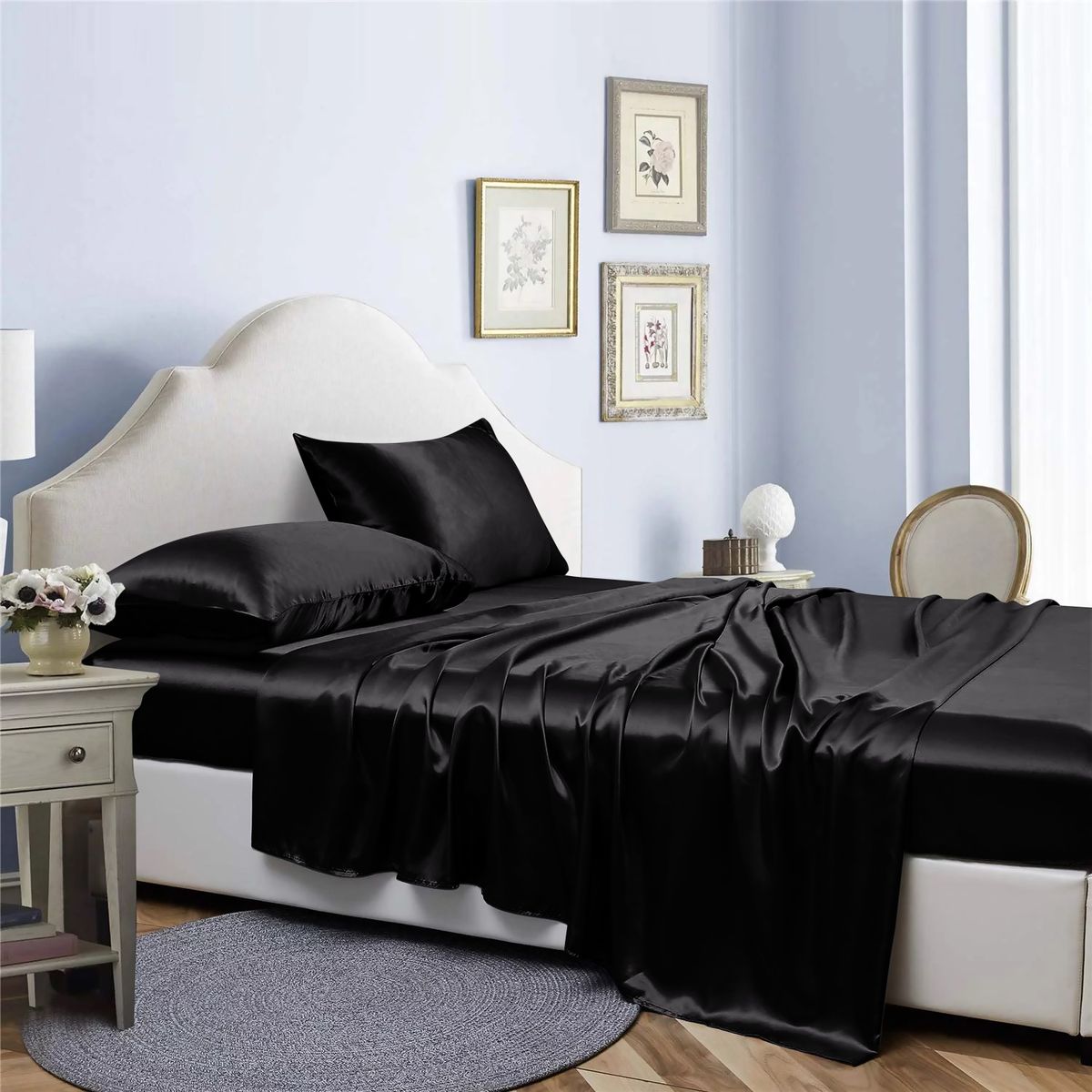 Bibb Home® Silky Satin 4-Piece Sheet Sets - 4 Piece satin sheet set,  Black - Twin