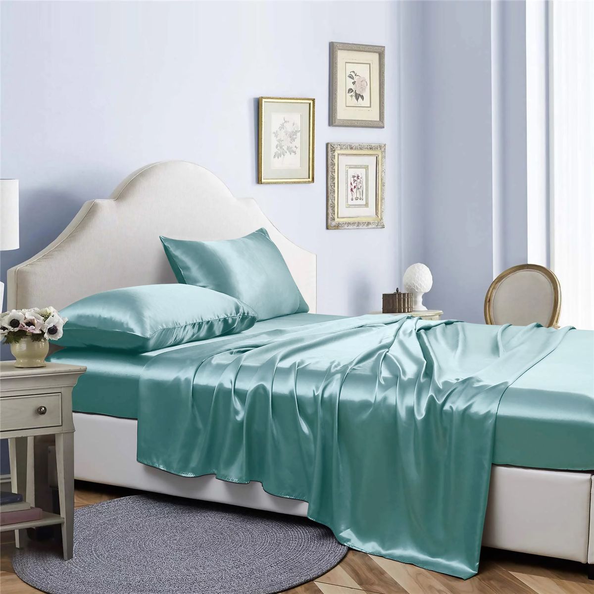 Bibb Home&reg; Silky Satin 4-Piece Sheet Sets - 4 Piece satin sheet set, Aqua - Twin