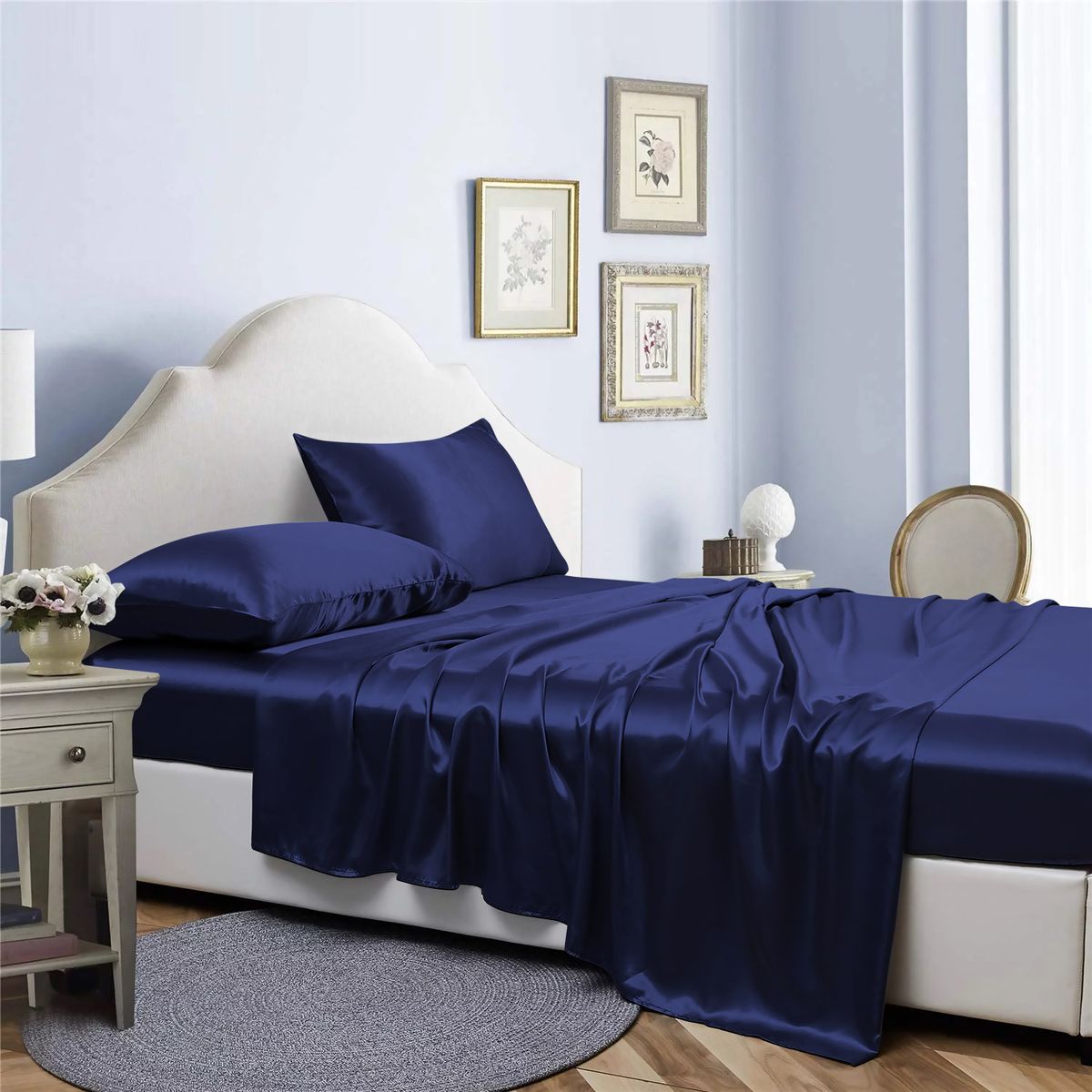 Bibb Home&reg; Silky Satin 4-Piece Sheet Sets - 4 Piece satin sheet set, Navy Blue - Twin