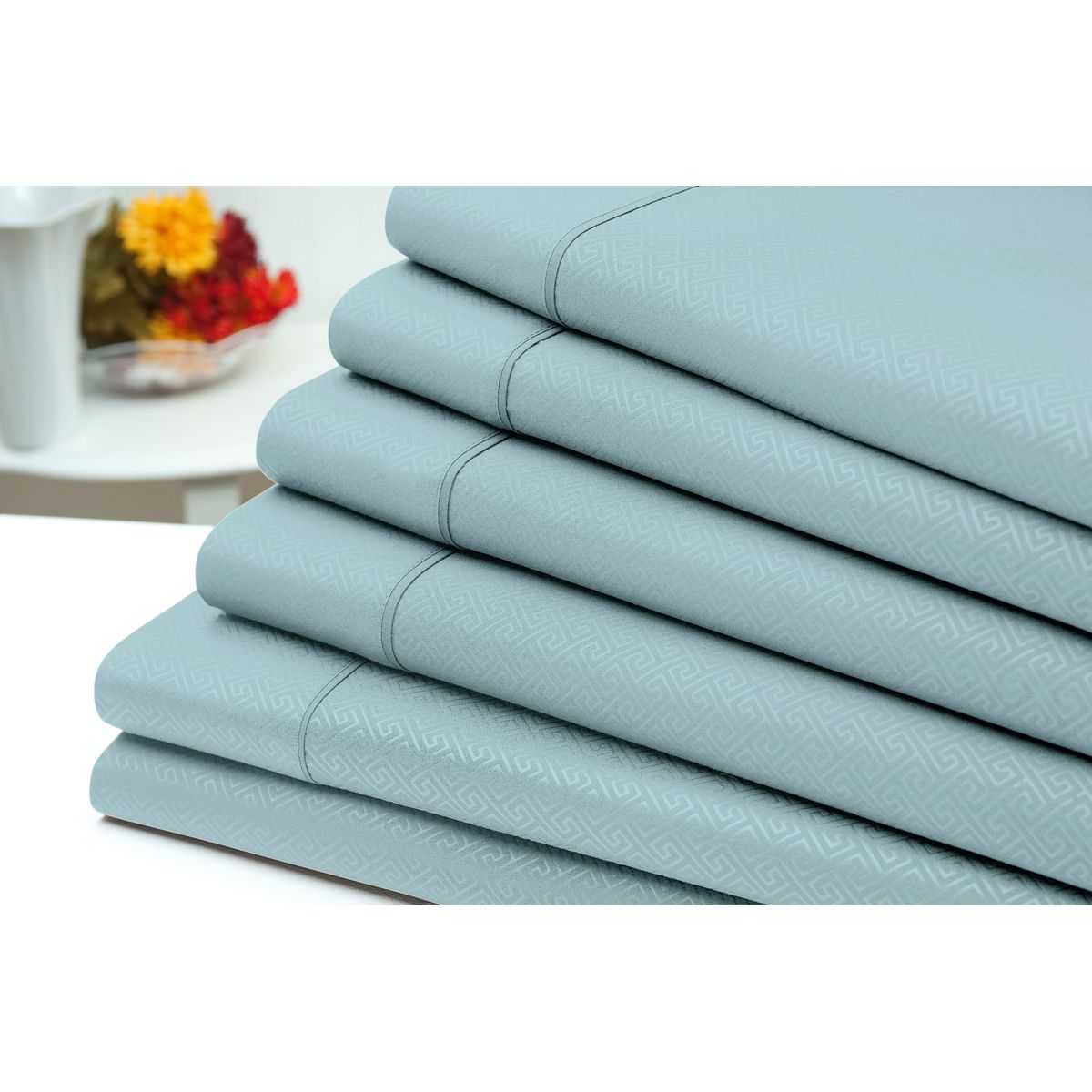 6-Piece Embossed Greek Key Meander Sheet Sets -  6 Piece Greek Key Sheet Set,  Aqua - Twin