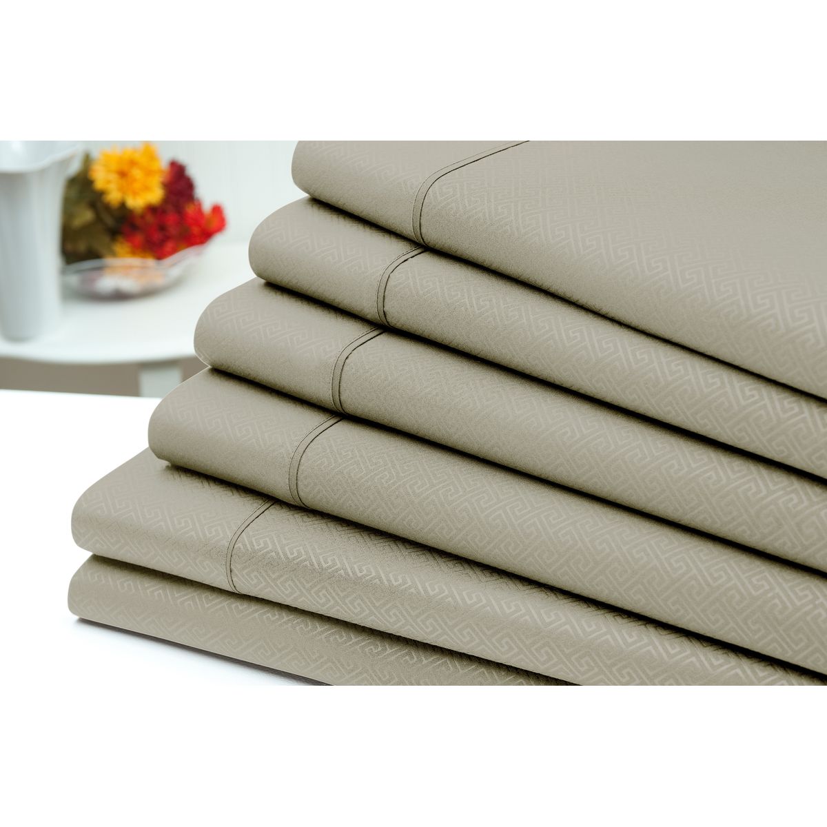 6-Piece Embossed Greek Key Meander Sheet Sets - 6 Piece Greek Key Sheet Set, Taupe - Full
