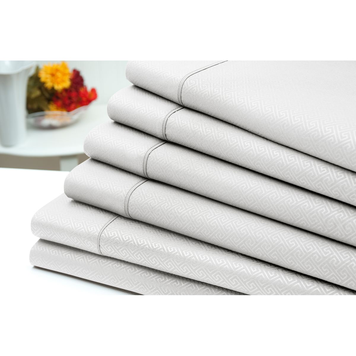 6-Piece Embossed Greek Key Meander Sheet Sets - 6 Piece Greek Key Sheet Set, White - King